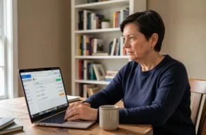 Femme accédant à sa messagerie en ligne sur un ordinateur portable dans un bureau à domicile