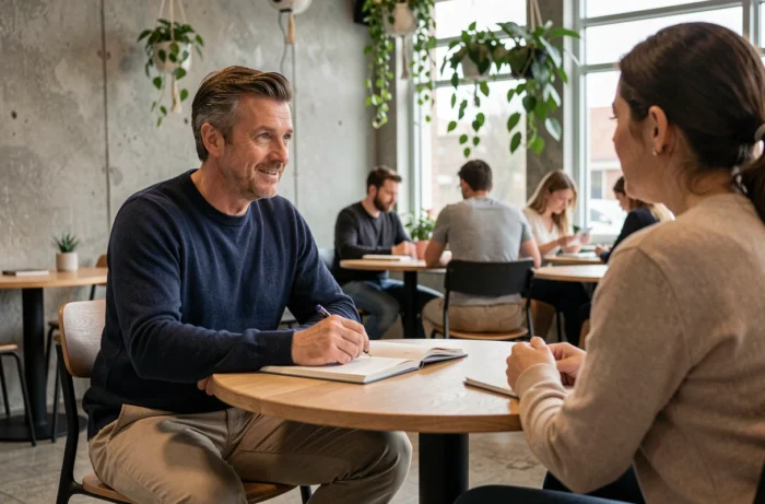 Un professionnel en séance d'accompagnement bien-être avec un coach dans un espace de coworking moderne