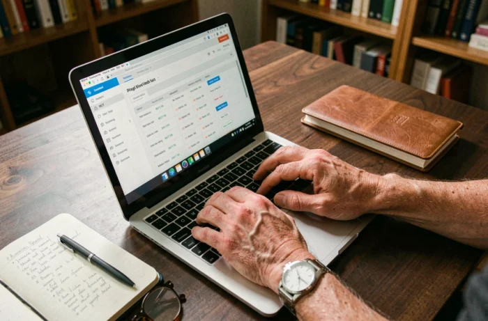 Mains d'un investisseur utilisant une plateforme boursière en ligne pour acheter des parts de REITs depuis son bureau à domicile