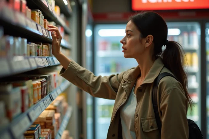 Femme choisissant du tabac à rouler dans un supermarché italien avec étiquettes de prix en euros bien visibles
