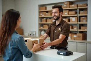 Agent UPS au comptoir du centre de Corbeil-Essonnes remettant un colis à une cliente
