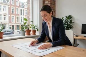Agente immobilière professionnelle analysant des plans architecturaux dans un bureau contemporain à Bruxelles pour un projet immobilier en Belgique