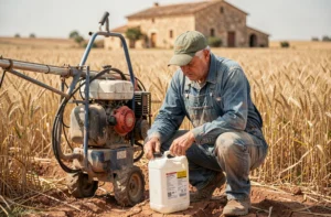 Agriculteur espagnol examinant un bidon de glyphosate à côté d'un pulvérisateur agricole dans un champ de blé en Castille