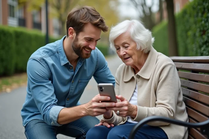 Un jeune homme aide une femme âgée à installer l'application Mon Proxima sur son smartphone dans un parc public