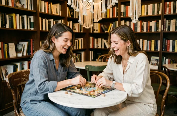 Deux amies jouant à un jeu de société dans un café-librairie chaleureux, partageant un moment de rire et de détente