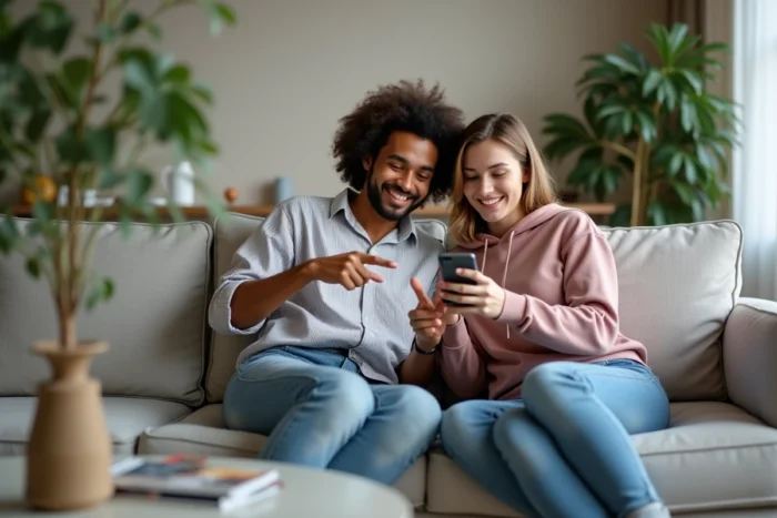 Deux amis explorant ensemble les fonctionnalités des invitations Instagram sur un smartphone