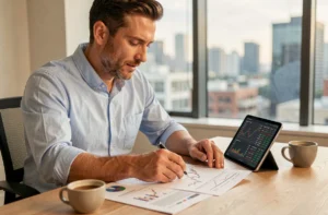 Investisseur analysant des graphiques boursiers et des données de REITs sur tablette et documents imprimés dans un bureau moderne