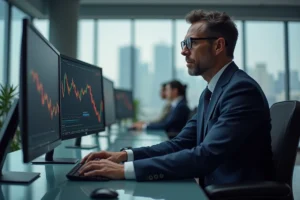 Analyste financier en costume marine étudiant des graphiques boursiers sur double écran dans un bureau moderne