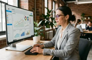 Analyste web étudiant les tendances de recherche Google sur un écran d'analytics dans un bureau moderne