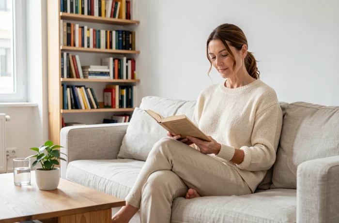 Animatrice détendue lisant un livre sur un canapé dans son appartement parisien moderne, moment de vie privée authentique