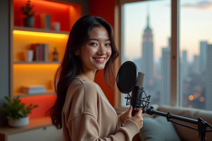 Femme animatrice de podcast dans un studio de création de contenu moderne, microphone en main, représentant l'ascension d'une personnalité médiatique vers l'influence mondiale