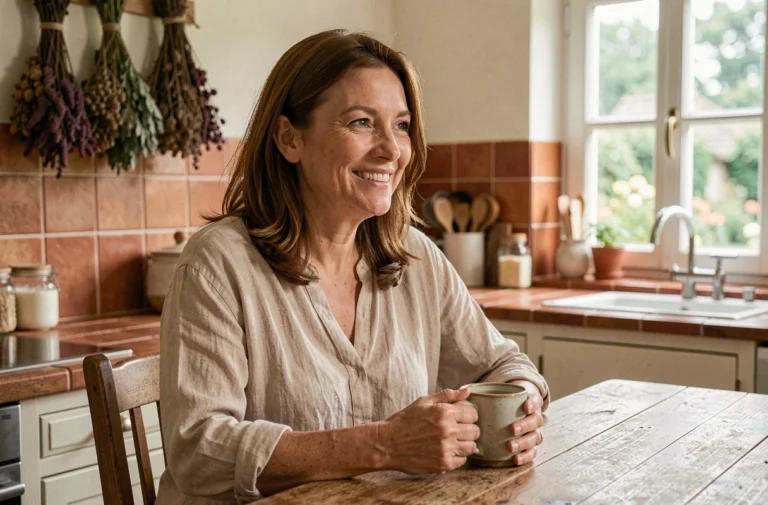 Animatrice télévision souriante attablée dans une cuisine de style maison de campagne française, tenant une tasse de café, ambiance chaleureuse et intimiste
