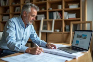 Architecte consultant des plans et formulaires de déclaration préalable pour un remplacement de fenêtre sur un bureau en bois