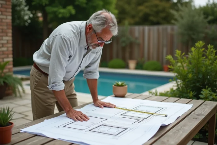 Architecte paysagiste consultant des plans de piscine de 10m2 sur une table de jardin pour aider à choisir la taille idéale