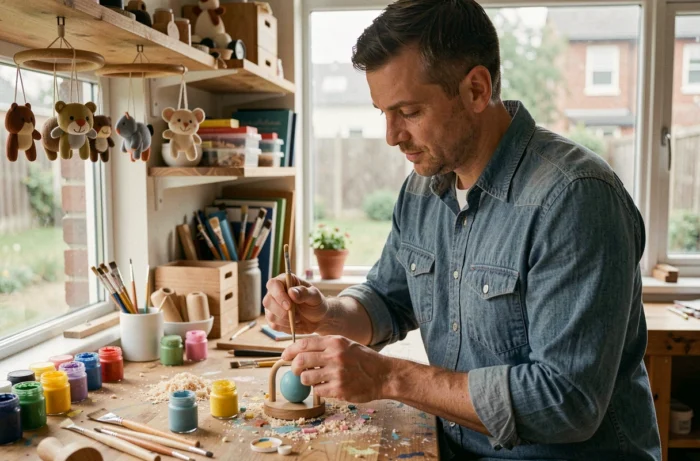 Homme artisan peignant un hochet en bois fait main dans un atelier chaleureux pour un cadeau de naissance unique
