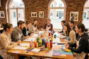 Groupe d'adultes et d'adolescents participant à un atelier créatif collectif dans une salle communautaire belge avec des murs en briques