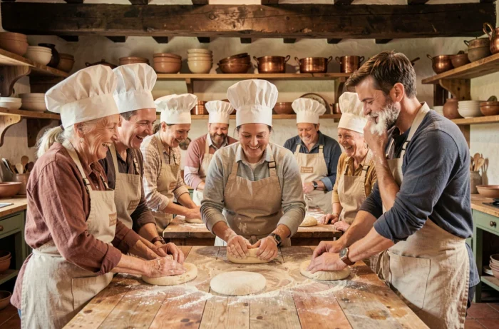 Atelier de cuisine ludique intergénérationnel dans une cuisine de ferme belge rustique avec des participants de tous âges pétrir la pâte ensemble