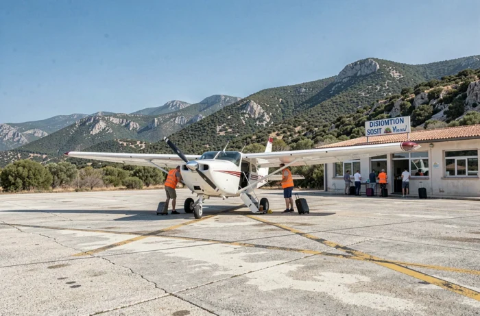 Petit avion régional sur le tarmac d'un aéroport corse avec passagers embarquant et paysage montagneux en arrière-plan