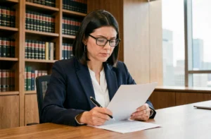 Avocate spécialisée en droit numérique révisant un contrat juridique dans un bureau professionnel moderne