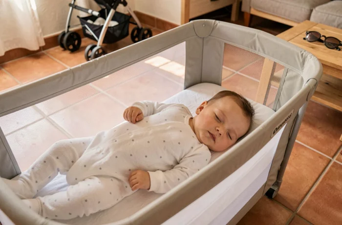 Bébé endormi paisiblement dans un lit parapluie léger et compact lors de vacances en appartement