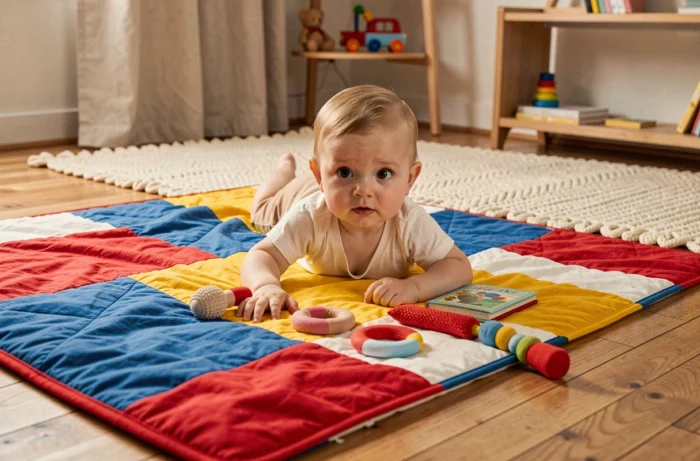 Bébé en éveil sur tapis d'activité coloré entouré de jouets sensoriels doux dans un salon scandinave lumineux