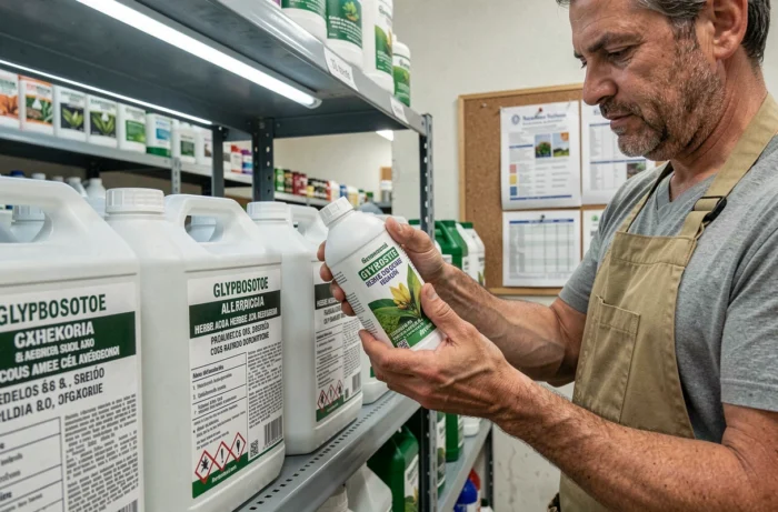 Rayonnage de bidons de glyphosate dans un magasin agricole espagnol, employé inspectant un produit herbicide