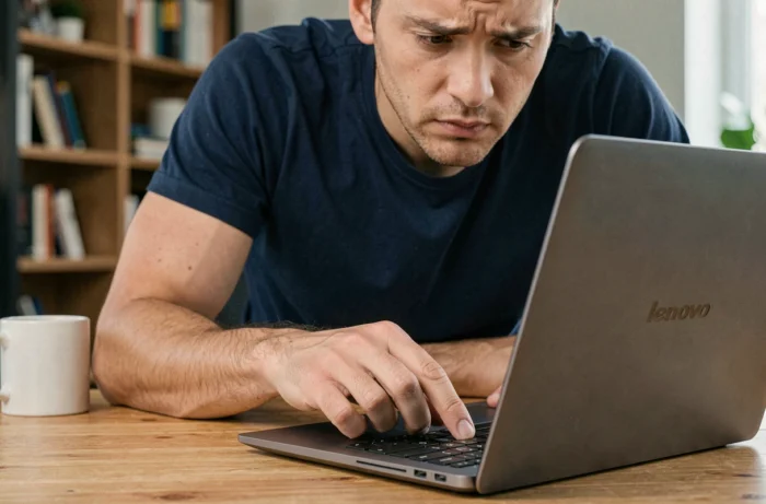 Homme appuyant sur le bouton power d'un ordinateur portable Lenovo qui clignote sur un bureau en bois