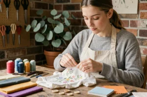 Jeune femme confectionnant à la main un body bébé brodé dans un atelier artisanal chaleureux
