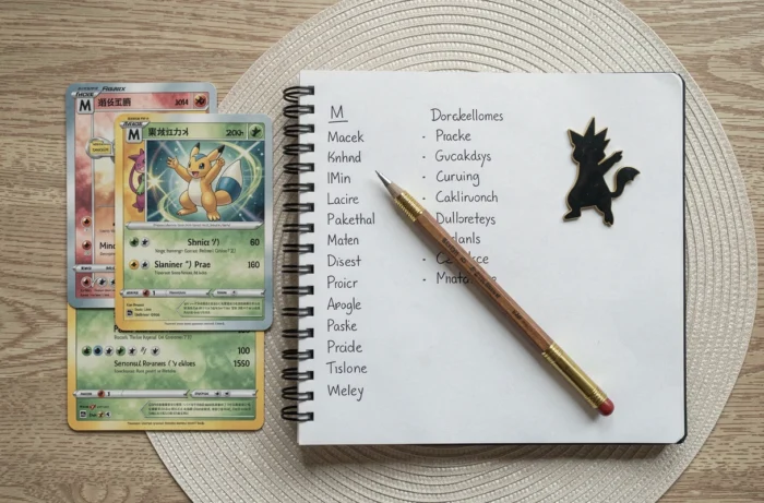 Mise à plat de cartes Pokémon dont les noms commencent par la lettre M, accompagnées d'un carnet de notes manuscrites et d'un crayon sur une table en bois