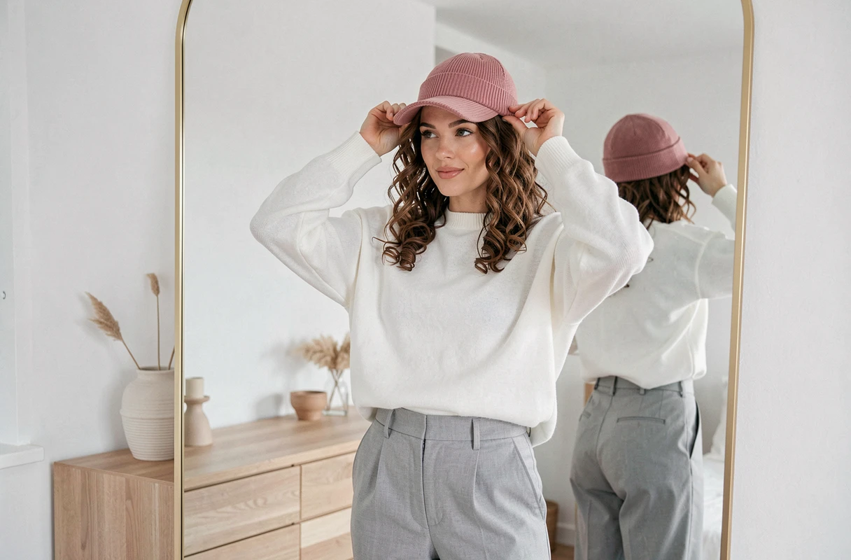 Femme aux cheveux bouclés en spirale essayant un bonnet tricoté rose poudré posé haut sur la tête pour ne pas écraser les boucles, dans une chambre minimaliste