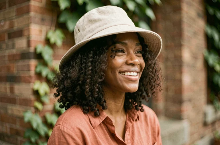 Jeune femme noire aux cheveux bouclés naturels portant un bob hat beige oversized qui préserve le volume de ses boucles, dans un décor urbain