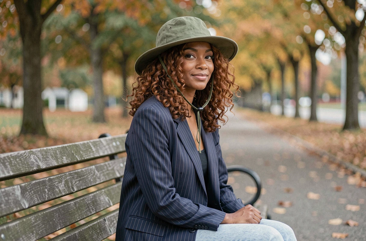 Femme aux cheveux bouclés auburn portant une casquette canvas vert olive à large bord dans un parc en automne, boucles bien visibles et volumineuses