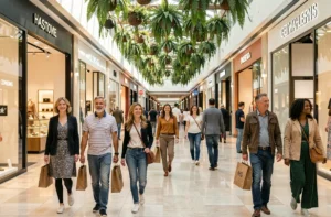 Allée centrale animée du centre commercial Côté Seine à Argenteuil avec des visiteurs faisant leurs courses