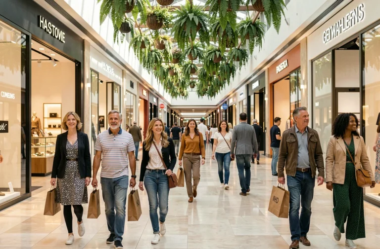 Allée centrale animée du centre commercial Côté Seine à Argenteuil avec des visiteurs faisant leurs courses