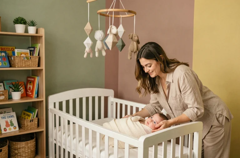 Chambre de bébé colorée et stimulante avec mobile géométrique, étagère en bois et jeune mère souriante penchée sur le berceau