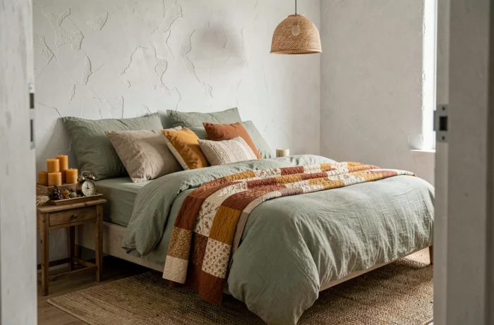 Chambre cosy et apaisante aux tons automnaux avec linge de lit en lin sauge, plaid patchwork fait main, bougies en cire d'abeille et mobilier en rotin naturel