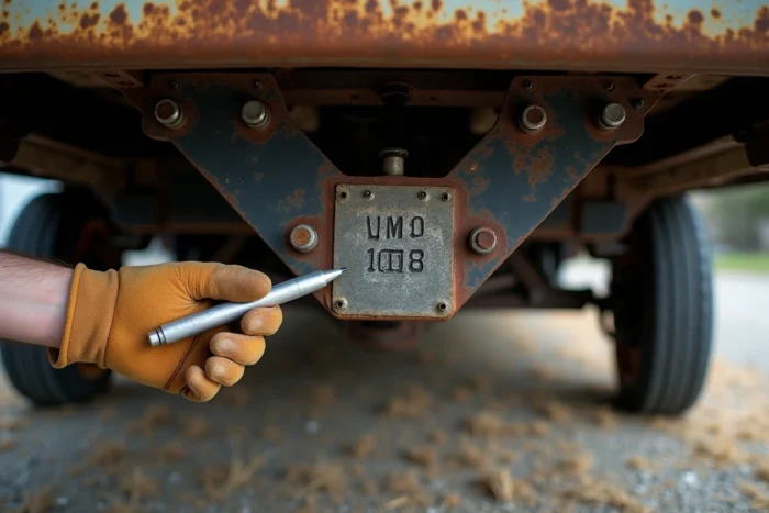 Gros plan sur le châssis d'un mobil-home avec plaque VIN et marquages d'année de fabrication estampillés sur la structure