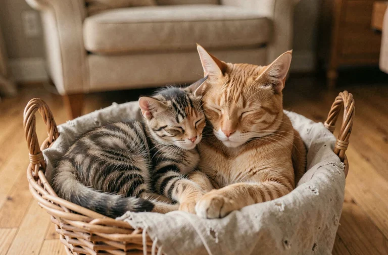 Chaton tabby de 8 semaines blotti contre sa mère dans un panier en osier sur une couverture en coton