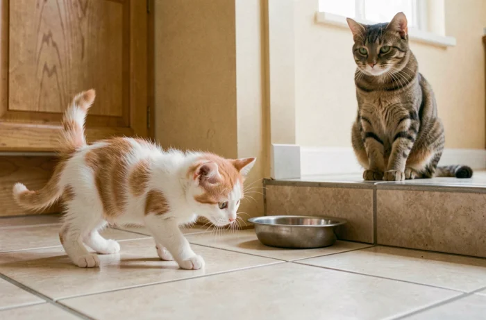 Chaton de 10 semaines explorant le sol de la cuisine seul pendant que sa mère l'observe en arrière-plan
