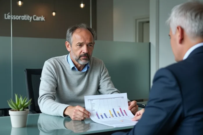 Client et conseiller bancaire comparant des offres de crédit dans une agence moderne