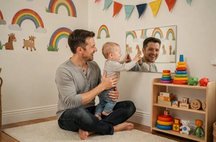 Père et bébé jouant devant un miroir dans un coin éveil décoré de guirlandes colorées et de jouets Montessori en bois