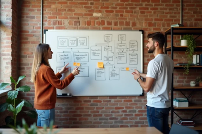 Deux collègues discutant d'un plan de site dessiné sur un tableau blanc dans un espace de travail créatif