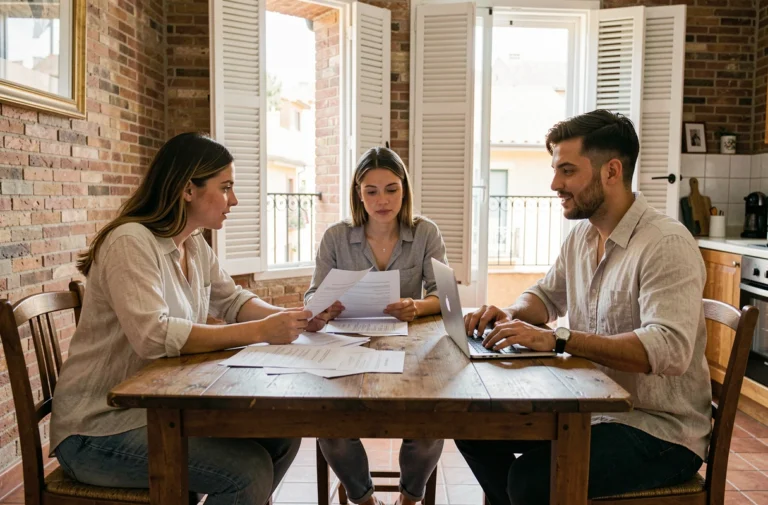 Trois colocataires étudiant un contrat de location dans un appartement de Barcelone avec parquet et murs en brique
