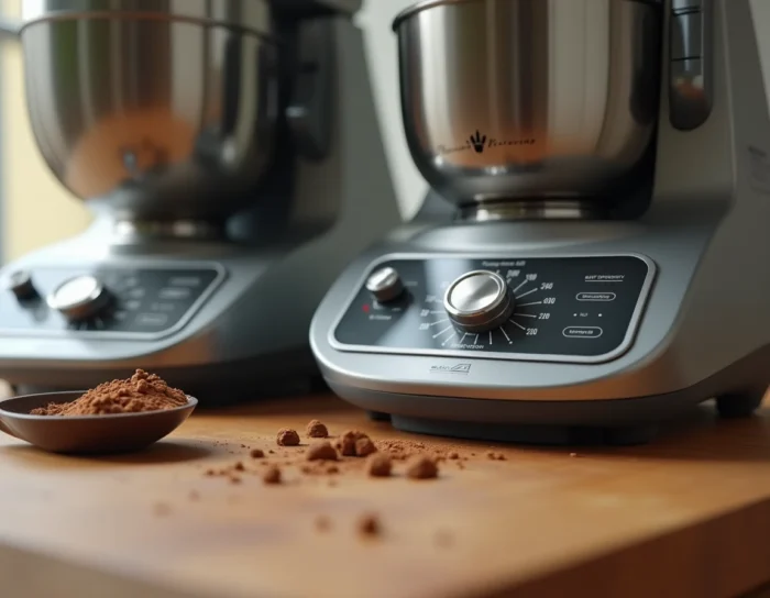 Gros plan sur les interfaces d'un robot pâtissier et d'un Thermomix posés sur un plan de travail en bois