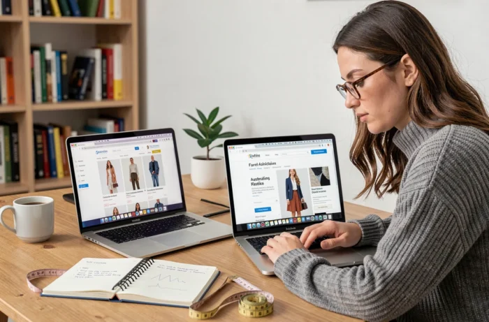 Femme comparant des sites de mode australiens et français pour convertir les tailles de vêtements depuis son bureau à domicile