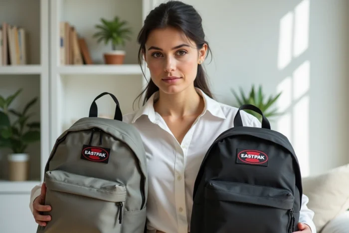 Femme comparant un vrai sac Eastpak avec une contrefaçon en examinant la qualité des coutures et du logo