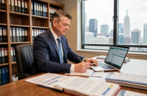Comptable en costume marine examinant des documents fiscaux et des feuilles de calcul sur son bureau en chêne dans un bureau professionnel