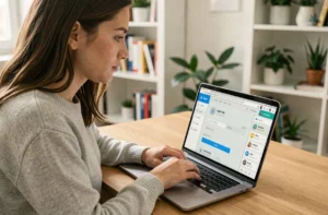 Jeune femme se connectant à une application e-learning sur son ordinateur portable depuis son bureau à domicile