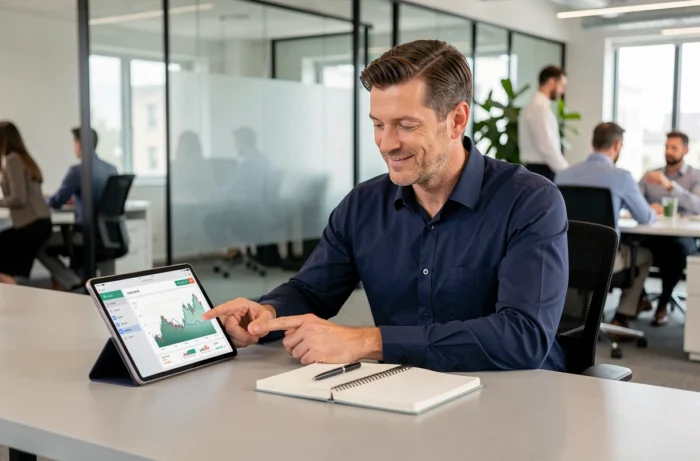 Conseiller financier masculin comparant des offres de crédit en ligne sur une tablette dans un bureau moderne