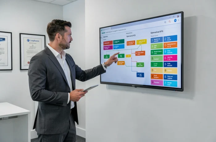 Consultant en gestion de cabinet médical présentant des indicateurs de performance opérationnels sur un écran mural